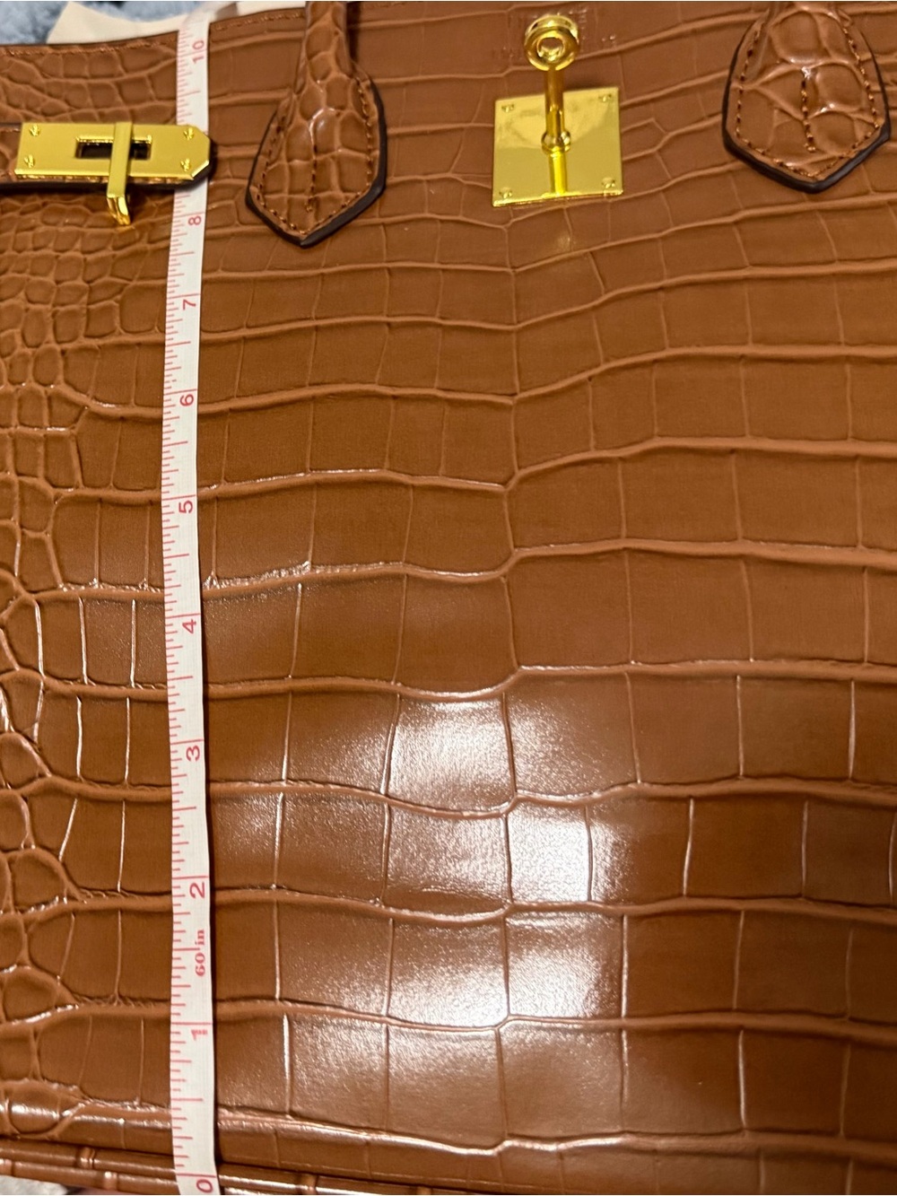 Croc-Embossed Structured Satchel in Brown - Picture 7 of 8